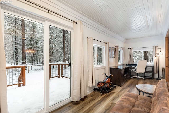 home office with hardwood / wood-style floors and wooden ceiling