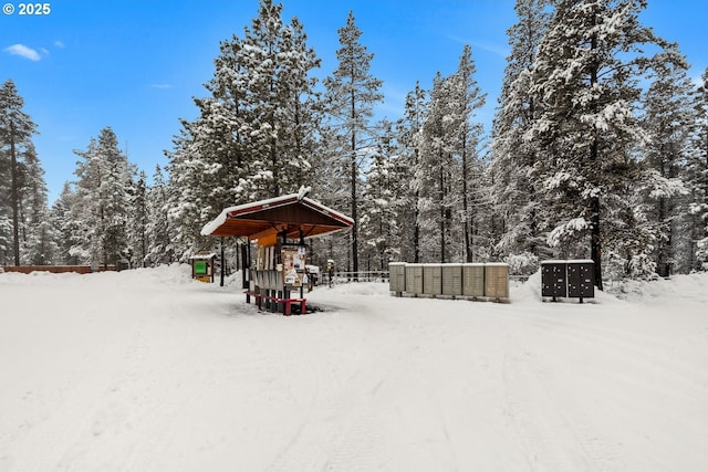 yard covered in snow with a playground