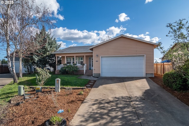 ranch-style house with a front lawn, a porch, fence, concrete driveway, and a garage