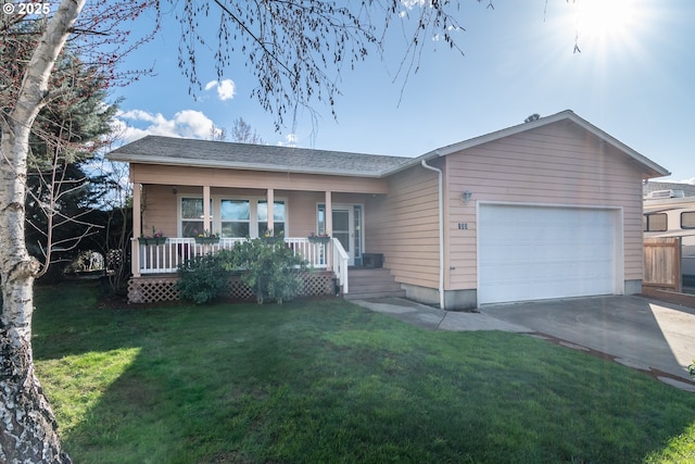 ranch-style home featuring covered porch, concrete driveway, a front yard, a shingled roof, and a garage