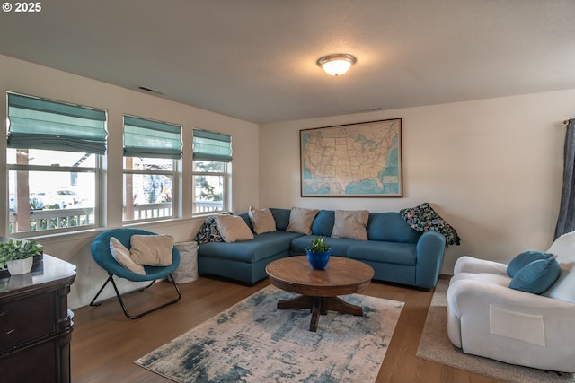 living room featuring a wealth of natural light, visible vents, and wood finished floors