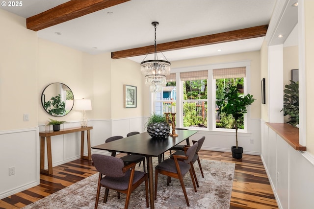 3184 SW 73rd Ave, Portland, OR 97225 - dining area with recessed lighting, an inviting chandelier, beam ceiling, and wood finished floors