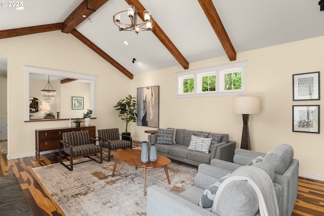 3184 SW 73rd Ave, Portland, OR 97225 - living area featuring a chandelier, recessed lighting, vaulted ceiling with beams, and wood finished floors