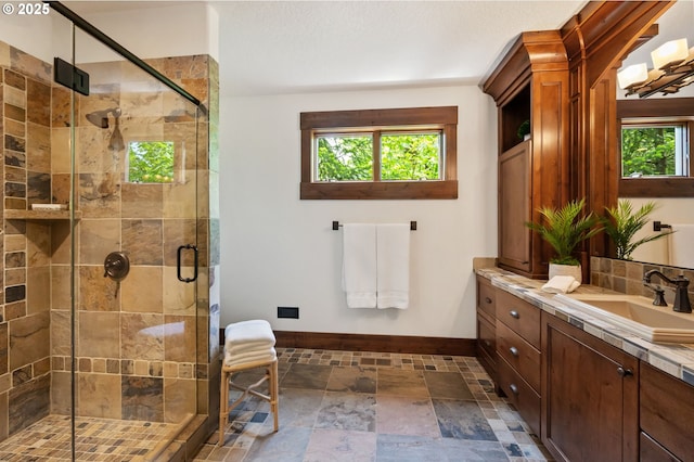 7927 NW Hawkins Blvd, Portland, OR 97229 - bathroom featuring baseboards, plenty of natural light, vanity, and a shower stall