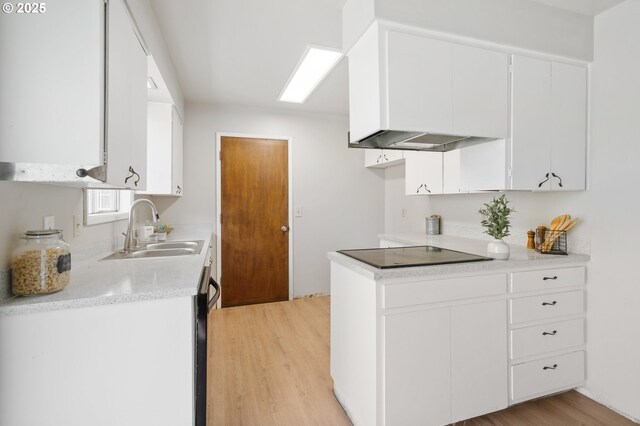 kitchen featuring a sink, black electric stovetop, light wood-type flooring, light countertops, and white cabinetry