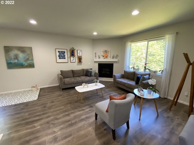 9537 SW 171st Ave, Beaverton, OR 97007 - living room with baseboards, recessed lighting, dark wood-style floors, and a fireplace