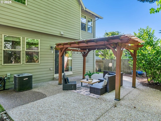 view of patio / terrace featuring a pergola, central AC, fence, and an outdoor living space