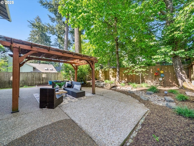 view of patio featuring an outdoor hangout area, a pergola, and a fenced backyard