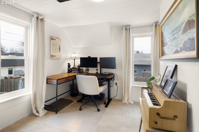 carpeted office space with lofted ceiling and wood ceiling