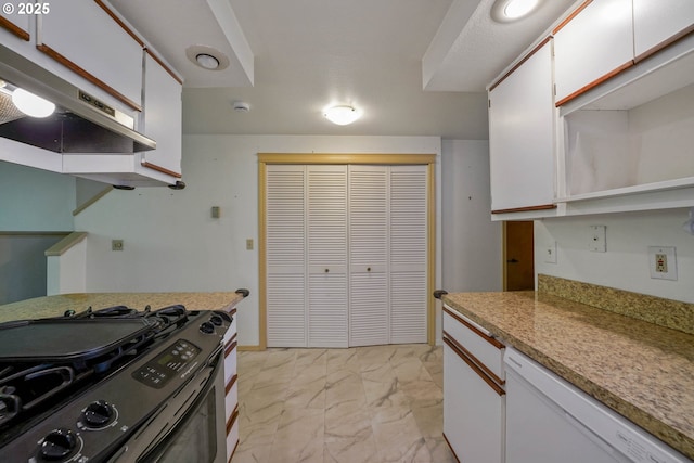 4001 12th St Cut Off SE Unit 18, Salem, OR 97302 - kitchen featuring gas range, under cabinet range hood, white dishwasher, light marble finish flooring, and white cabinets