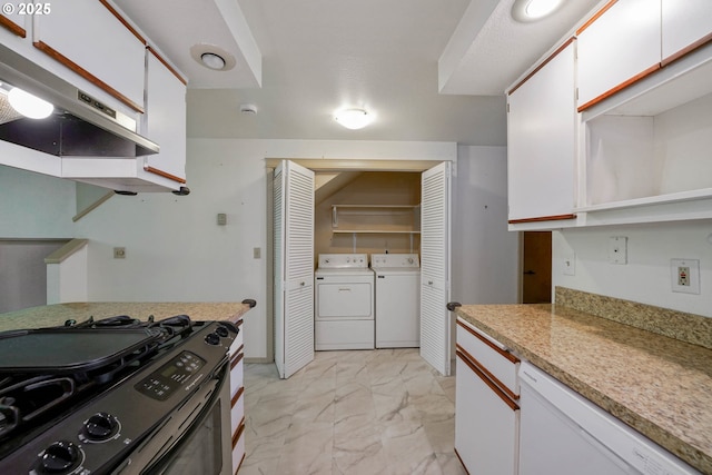 4001 12th St Cut Off SE Unit 18, Salem, OR 97302 - kitchen featuring stainless steel gas stove, under cabinet range hood, washing machine and dryer, white dishwasher, and light marble finish floors