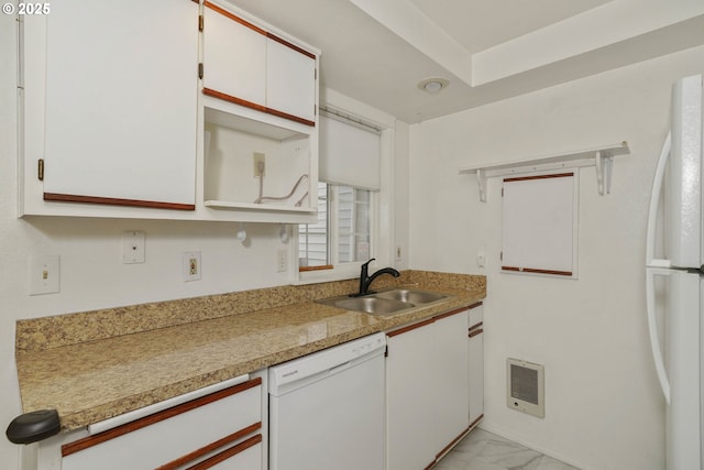 4001 12th St Cut Off SE Unit 18, Salem, OR 97302 - kitchen with a sink, white appliances, light marble finish flooring, light countertops, and white cabinetry