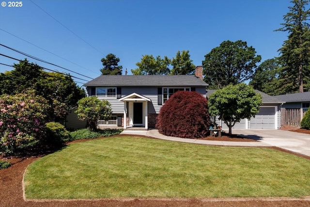 1375 NW Murray Rd, Portland, OR 97229 - raised ranch featuring a chimney, concrete driveway, a front yard, and an attached garage