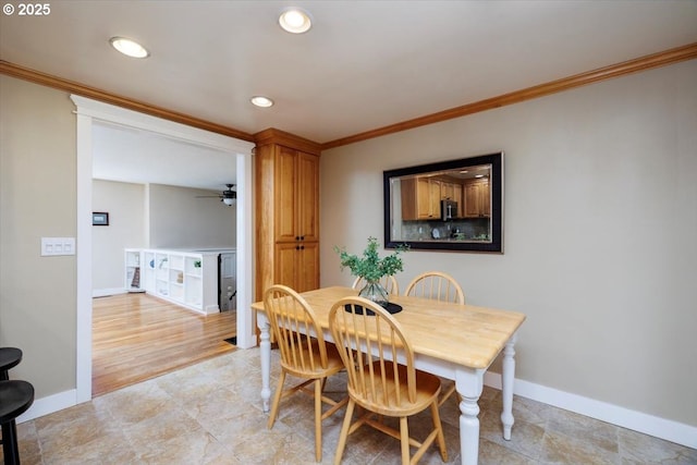 1375 NW Murray Rd, Portland, OR 97229 - dining room featuring crown molding, baseboards, recessed lighting, and a ceiling fan