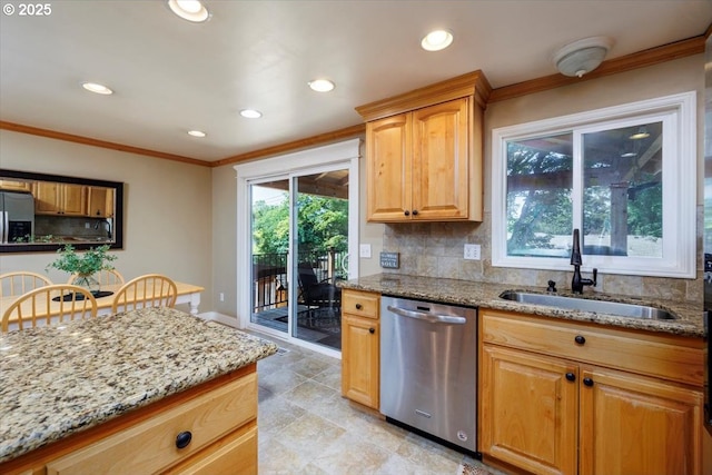 1375 NW Murray Rd, Portland, OR 97229 - kitchen featuring stainless steel appliances, a sink, decorative backsplash, recessed lighting, and crown molding