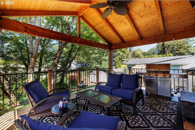 1375 NW Murray Rd, Portland, OR 97229 - wooden deck featuring outdoor lounge area, a ceiling fan, and area for grilling
