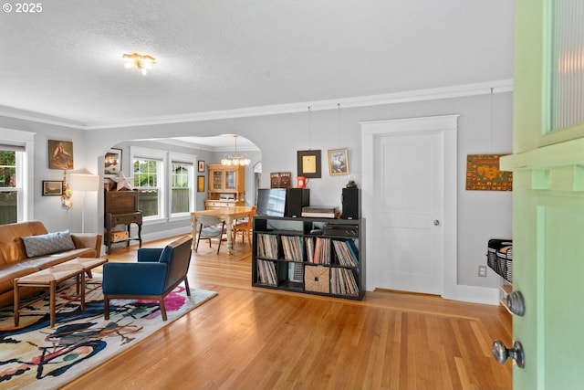 165 15th St, Salem, OR 97301 - living room featuring arched walkways, plenty of natural light, ornamental molding, light wood-style flooring, and a textured ceiling