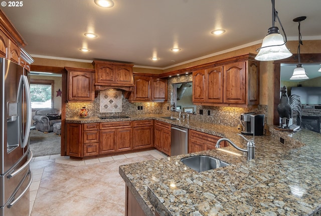 6419 NE Juniper Ridge Rd, Redmond, OR 97756 - kitchen featuring stainless steel appliances, a sink, tasteful backsplash, ornamental molding, and brown cabinetry
