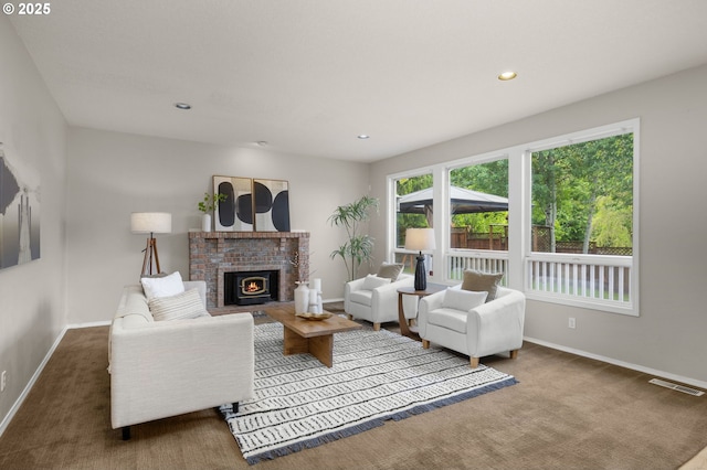 4025 Horton Rd, West Linn, OR 97068 - carpeted living area with a brick fireplace and recessed lighting