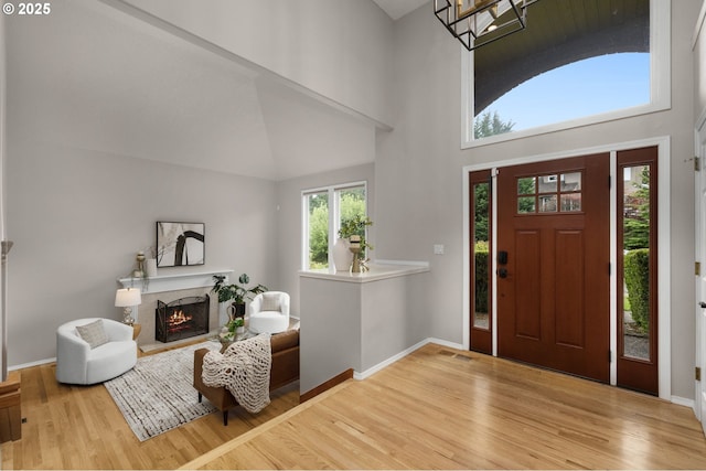 4025 Horton Rd, West Linn, OR 97068 - entrance foyer featuring wood finished floors, a warm lit fireplace, and high vaulted ceiling