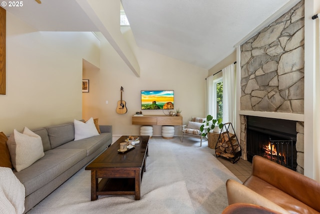 4300 Botticelli St, Lake Oswego, OR 97035 - carpeted living room with a fireplace and lofted ceiling