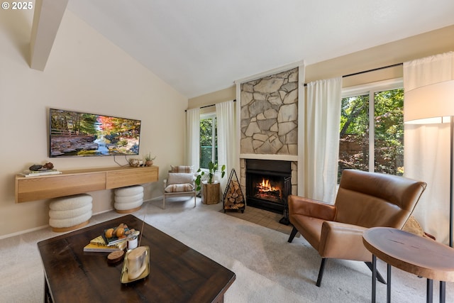 4300 Botticelli St, Lake Oswego, OR 97035 - living area with carpet, a fireplace, and high vaulted ceiling