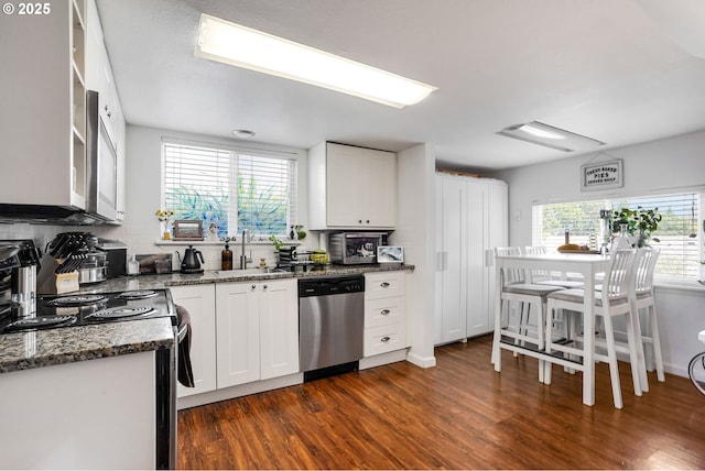 2210 Winter St SE, Salem, OR 97302 - kitchen featuring appliances with stainless steel finishes, plenty of natural light, dark wood-type flooring, and white cabinets