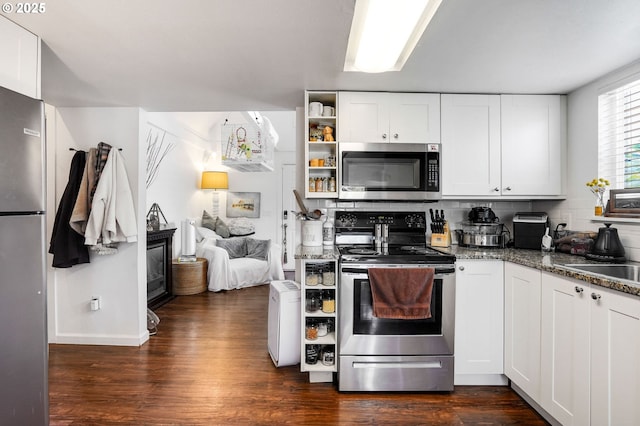 2210 Winter St SE, Salem, OR 97302 - kitchen featuring stainless steel appliances, dark wood-type flooring, white cabinets, and open shelves