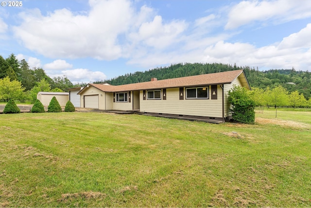 1223 Sable Dr, Roseburg, OR 97470 - single story home with a front lawn, an attached garage, a chimney, and crawl space