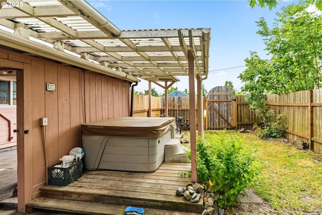 730 23rd St, Springfield, OR 97477 - wooden terrace featuring a hot tub and a gate