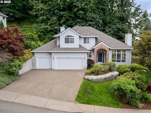 1354 Skye Pkwy, West Linn, OR 97068 - traditional-style house featuring a chimney, driveway, a garage, and roof with shingles
