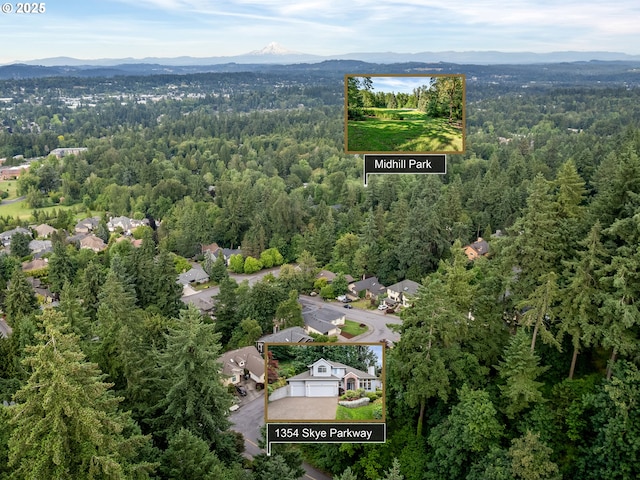 1354 Skye Pkwy, West Linn, OR 97068 - aerial view of property and surrounding area featuring a heavily wooded area, property parcel outlined, and a mountainous background