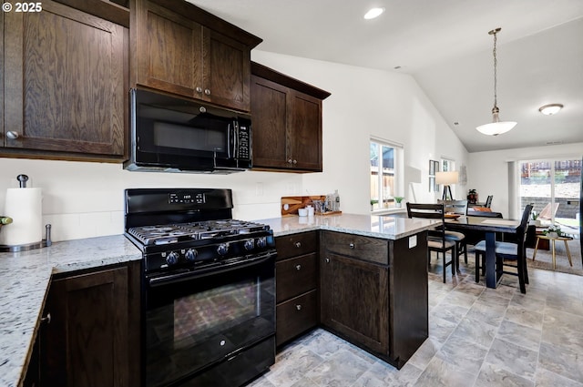 2057 S 59th St, Springfield, OR 97478 - kitchen featuring black appliances, lofted ceiling, dark brown cabinetry, light stone countertops, and decorative light fixtures