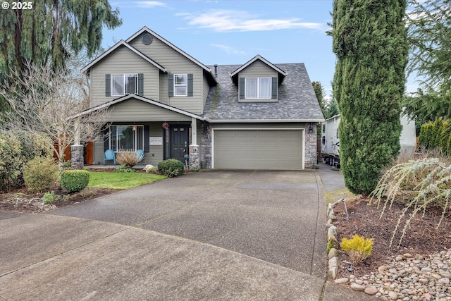 view of front facade featuring a garage, stone siding, a shingled roof, and driveway