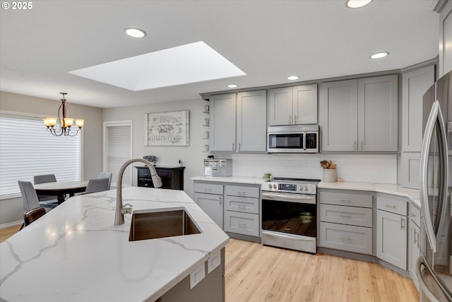 kitchen with light stone counters, gray cabinetry, a sink, appliances with stainless steel finishes, and pendant lighting