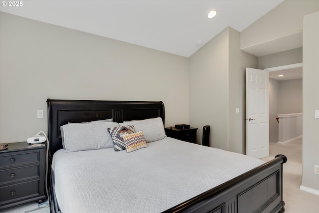 bedroom with light carpet, vaulted ceiling, baseboards, and recessed lighting