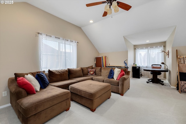 living area featuring baseboards, a ceiling fan, light colored carpet, vaulted ceiling, and recessed lighting