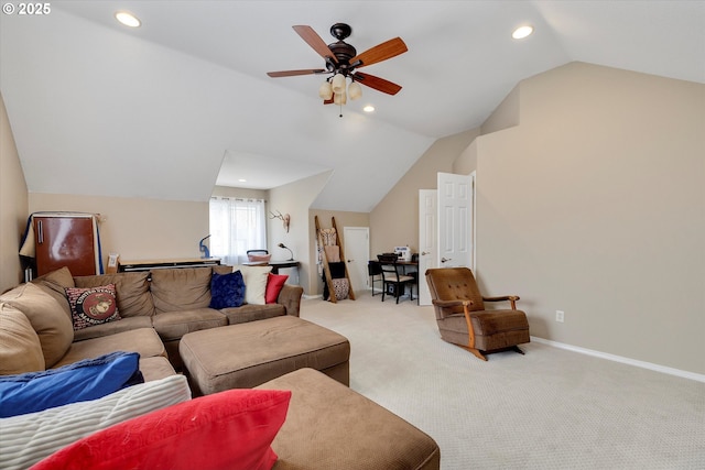 living area with ceiling fan, lofted ceiling, recessed lighting, light carpet, and baseboards