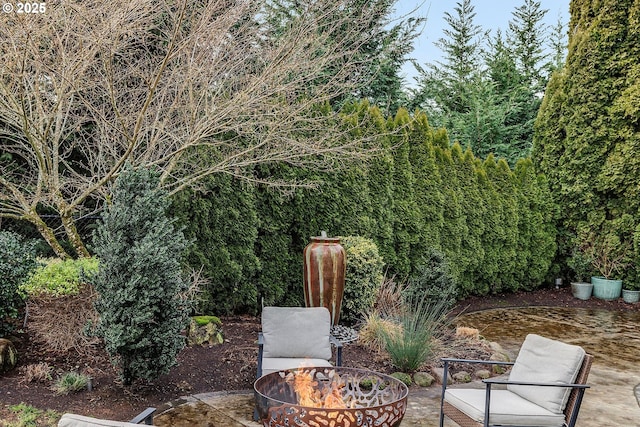 view of yard with a fire pit and a patio