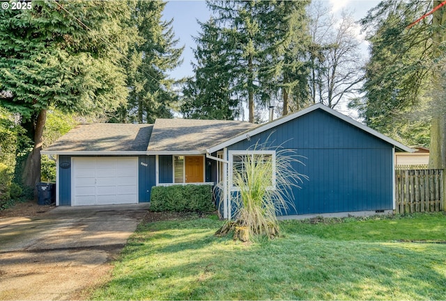 ranch-style home with concrete driveway, crawl space, an attached garage, and a front yard