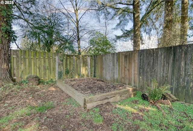 view of yard featuring a fenced backyard and a vegetable garden