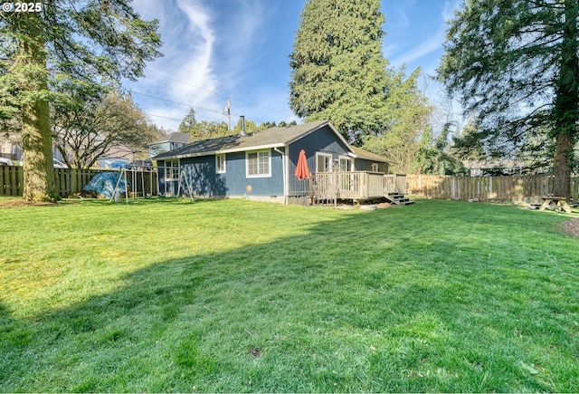 view of yard featuring a fenced backyard and a wooden deck