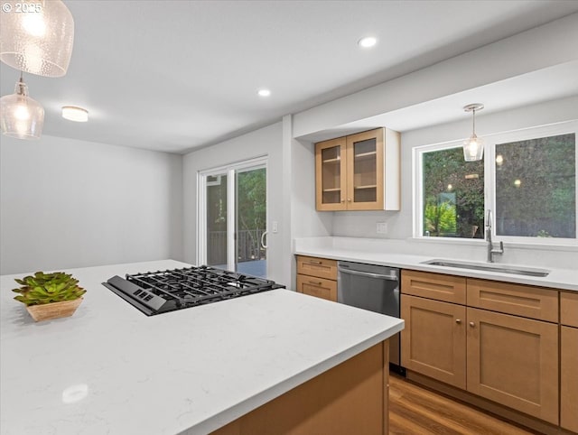 9995 SW Siuslaw Ln, Tualatin, OR 97062 - kitchen featuring black gas cooktop, dishwasher, wood finished floors, decorative light fixtures, and glass insert cabinets
