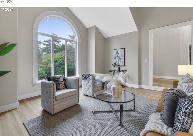 living area with vaulted ceiling, light wood-style flooring, and baseboards