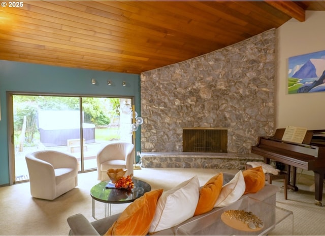 2280 NW 5th St, Gresham, OR 97030 - living room featuring lofted ceiling with beams, wooden ceiling, carpet, and a fireplace