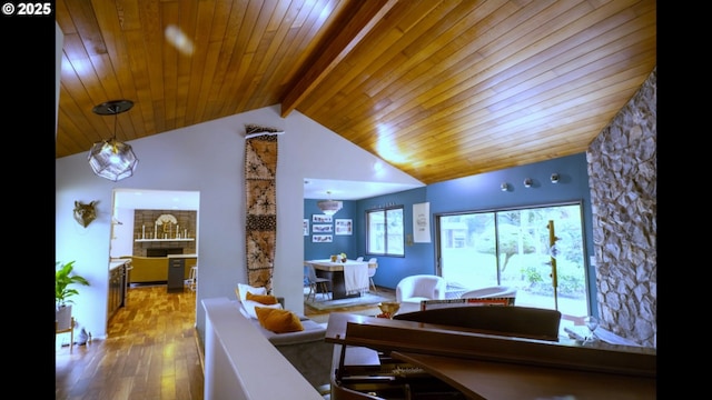 2280 NW 5th St, Gresham, OR 97030 - living area featuring lofted ceiling with beams, wooden ceiling, and wood finished floors