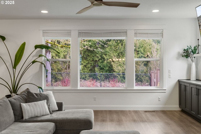 15955 SE Cherry Blossom Way, Happy Valley, OR 97015 - living area featuring ceiling fan, plenty of natural light, light wood-style floors, and recessed lighting