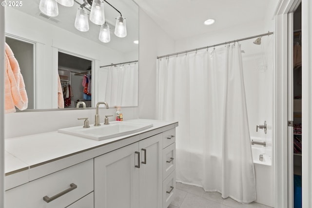 15955 SE Cherry Blossom Way, Happy Valley, OR 97015 - full bath featuring vanity, a spacious closet, shower / bath combination with curtain, tile patterned flooring, and recessed lighting