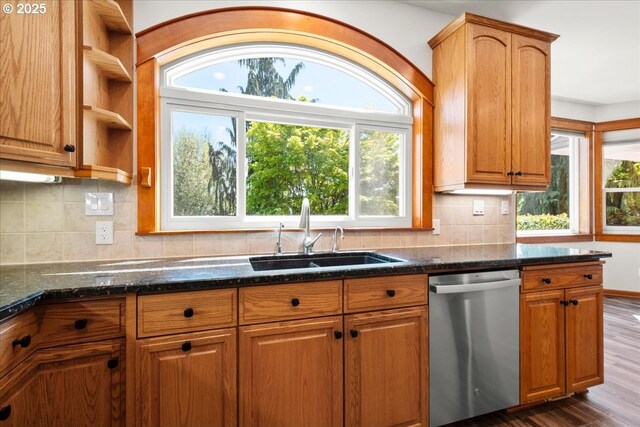 kitchen with stainless steel dishwasher, a sink, wood finished floors, dark stone counters, and backsplash