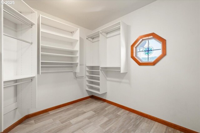 walk in closet with light wood-type flooring